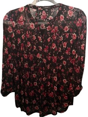 Cocomo Black Floral Mesh Top with Pink & Red Blooms